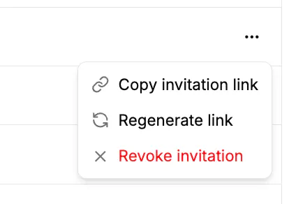 The row actions menu of the members table, with Copy invitation link, Regenerate link and Revoke invitation