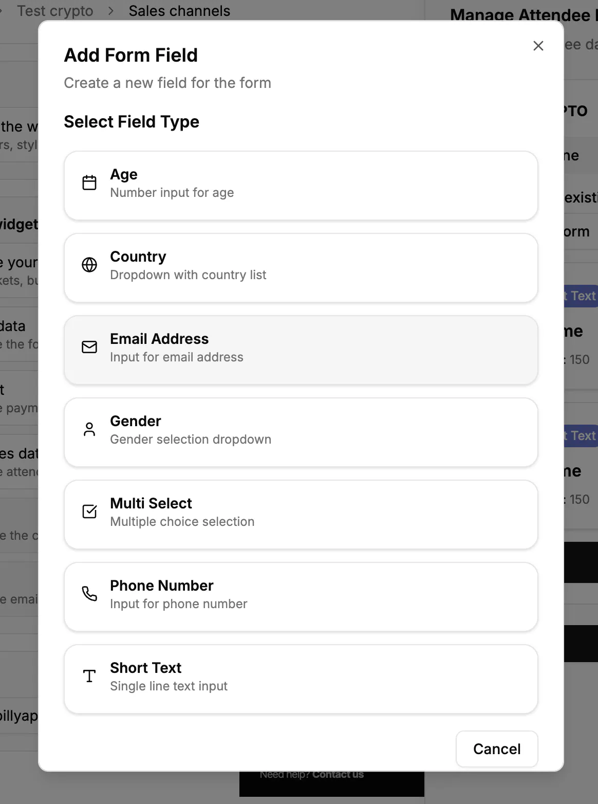 The Add Form Field menu, listing the extra attendee fields that can be added to a custom form