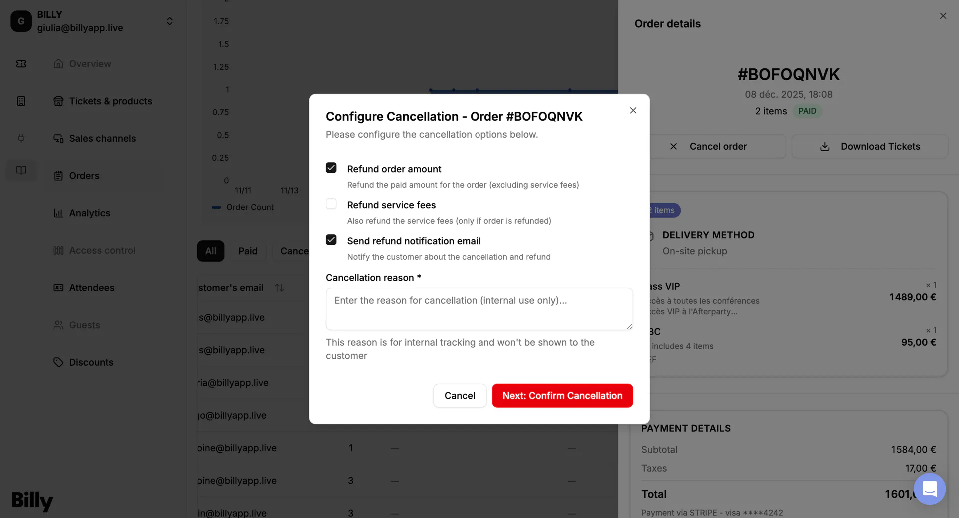 The cancellation window, listing the available refund options