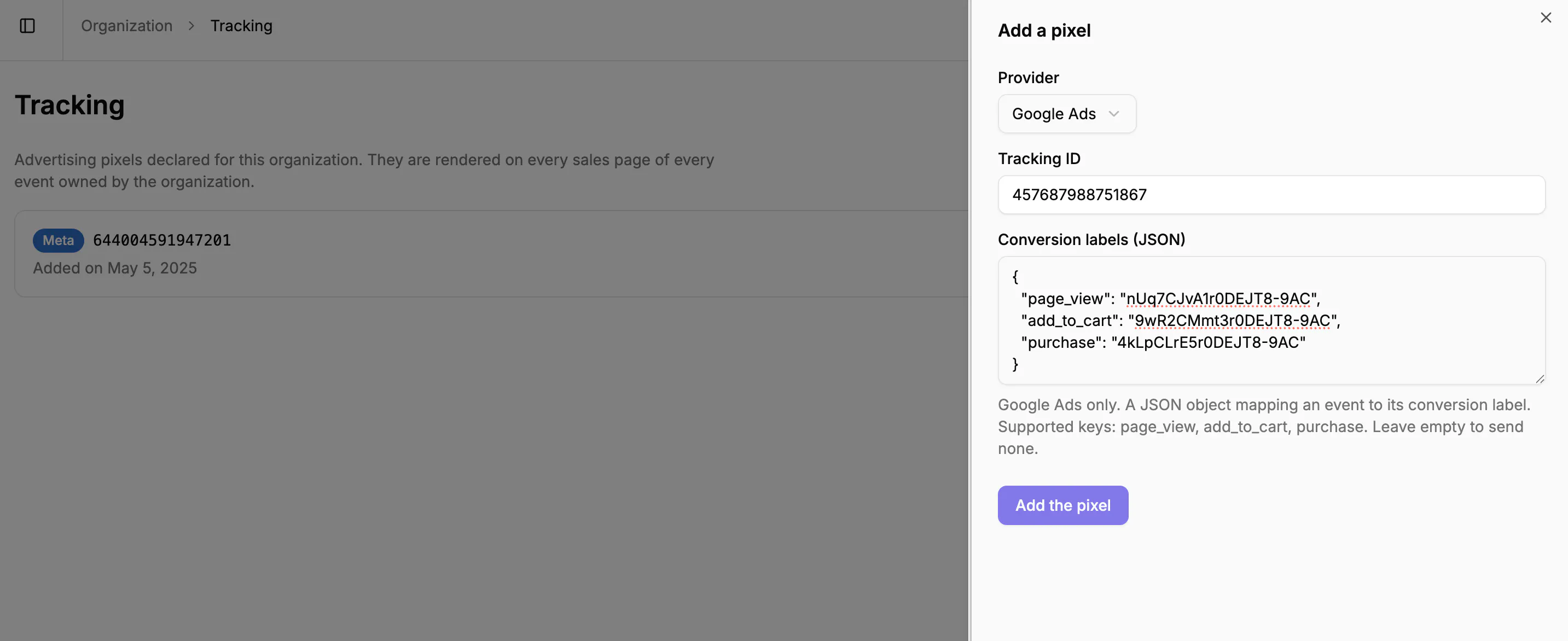 The complete Add a pixel panel filled in for a Google Ads pixel