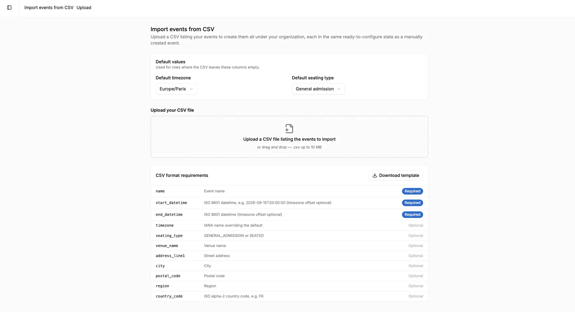 The Import events (CSV) review step with one editable row per event