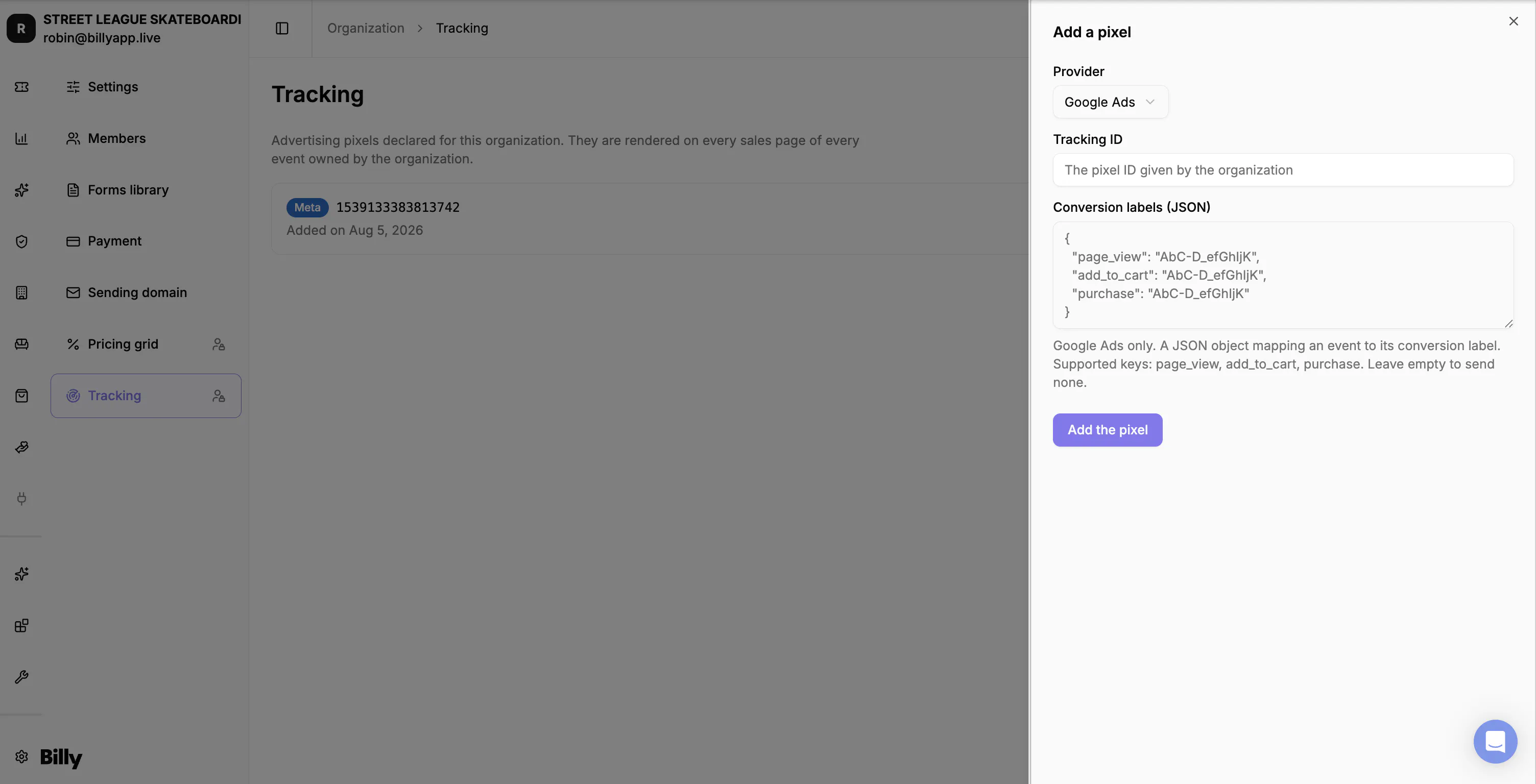 The Conversion labels (JSON) field shown for a Google Ads pixel