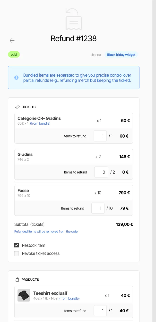 The refund window, with an individual refund control beside each ticket in the order