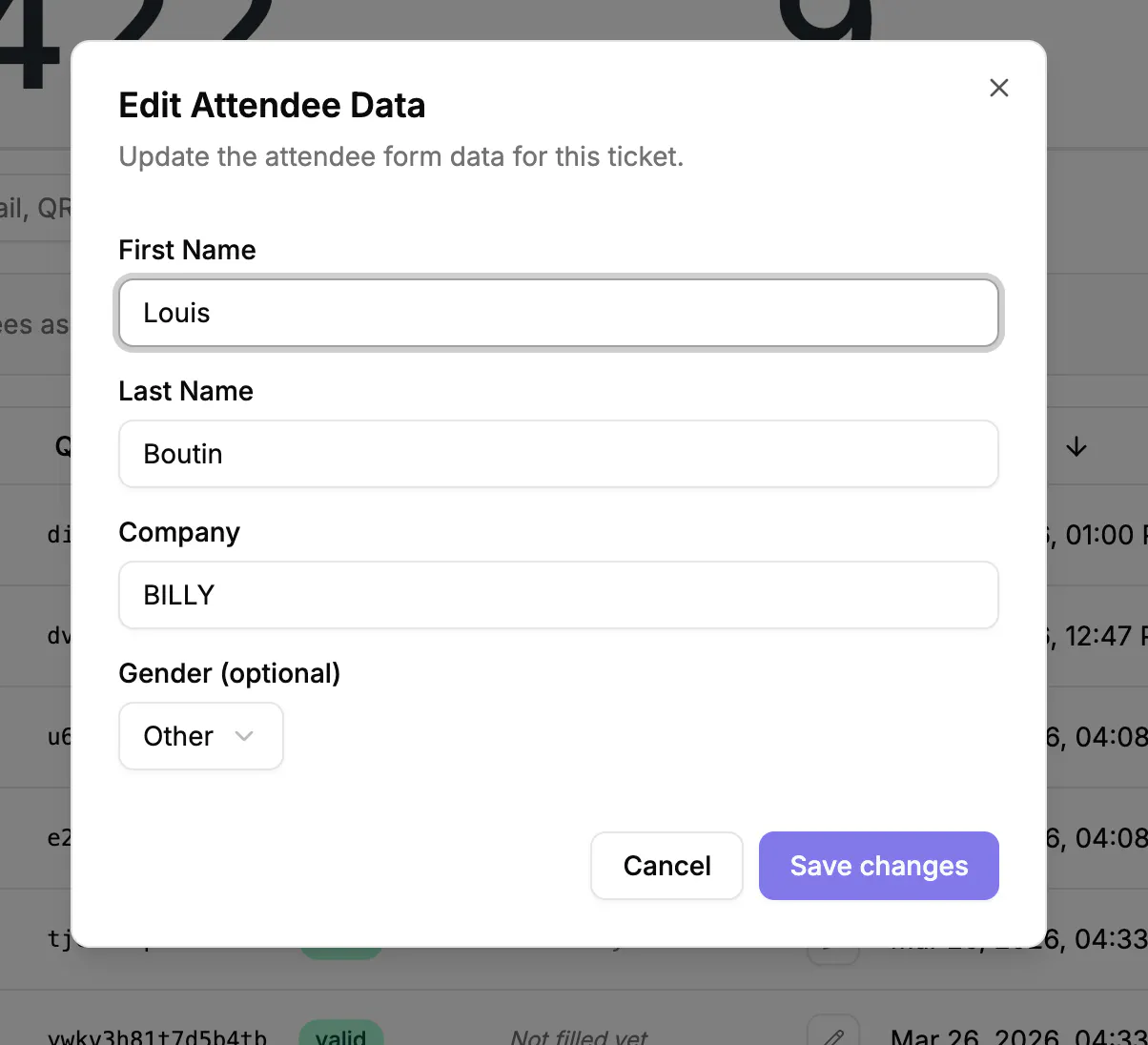 The Edit Attendee Data modal, with First Name, Last Name, Company and Gender fields above a Save changes button