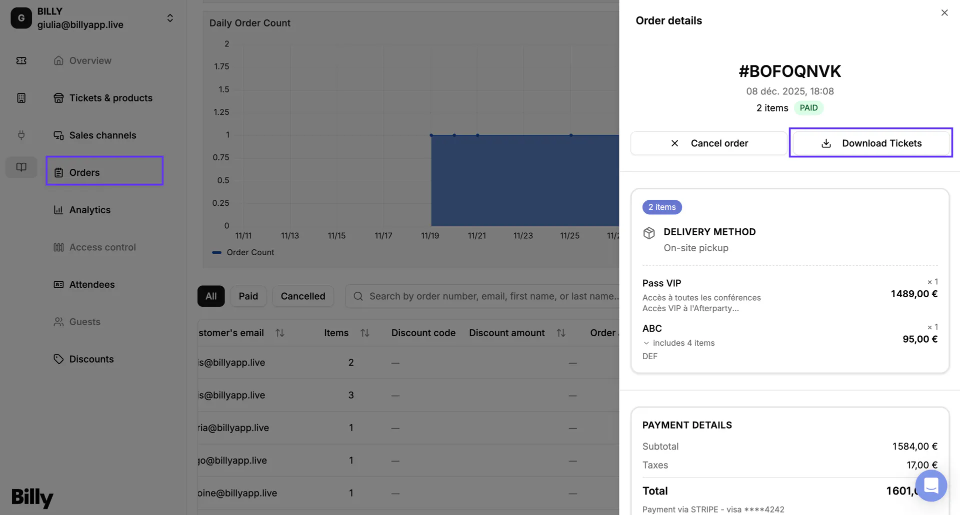 The Download Tickets button in the top-right corner of the Order Details page