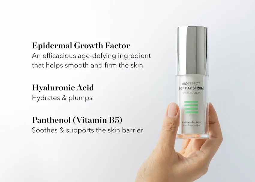 BIOEFFECT EGF Day Serum with key ingredients including epidermal growth factor, hyaluronic acid, and panthenol to hydrate, smooth, and support the skin barrier