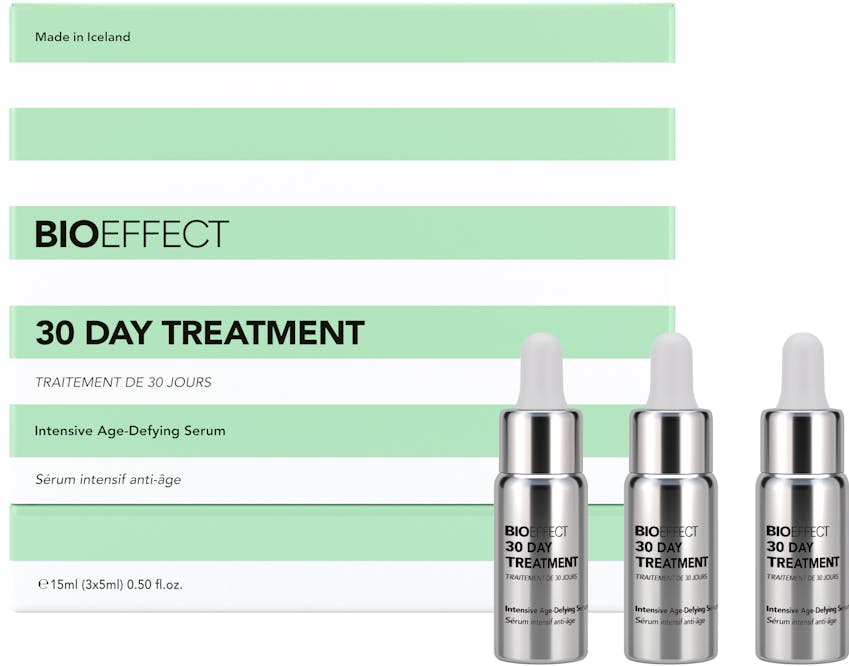 Green-and-white striped, square-shaped package of BIOEFFECT Growth Factor Skin Care 30 Day Intensive Anti-Aging Treatment with three chrome-colored dropper bottles to the right of the package.