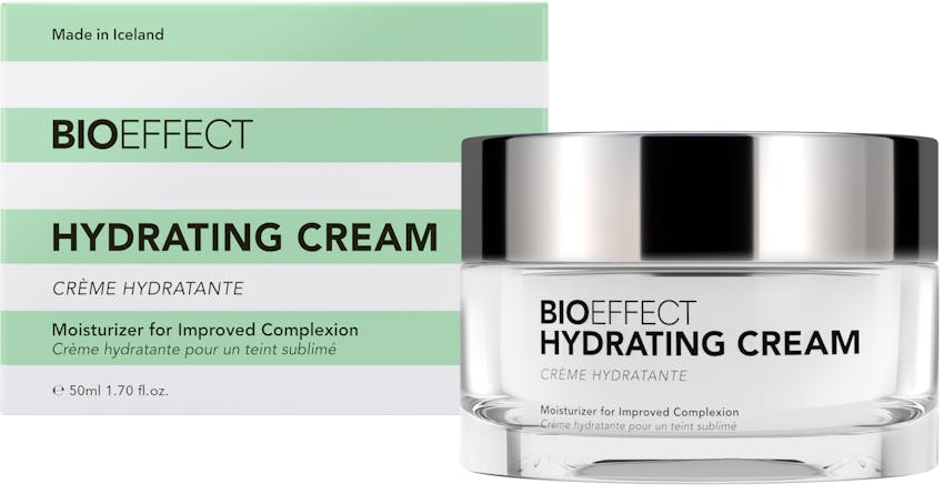 Green-and-white striped package of BIOEFFECT Hydrating Cream with a wide, round bottle to the right of the package.