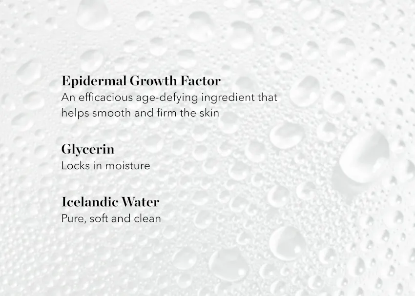 Ingredient overview for BIOEFFECT Icelandic Water Mist featuring Epidermal Growth Factor (EGF), glycerin, and pure Icelandic water to support hydration and smoother-looking skin