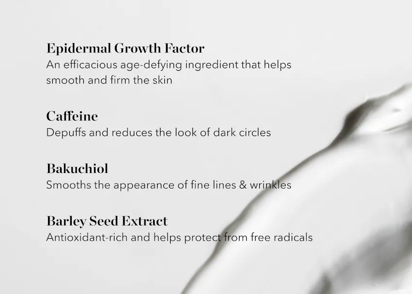 BIOEFFECT EGF Power Eye Cream ingredient overview highlighting Epidermal Growth Factor, caffeine, bakuchiol, and barley seed extract to help smooth, firm, depuff, and protect the delicate eye area.
