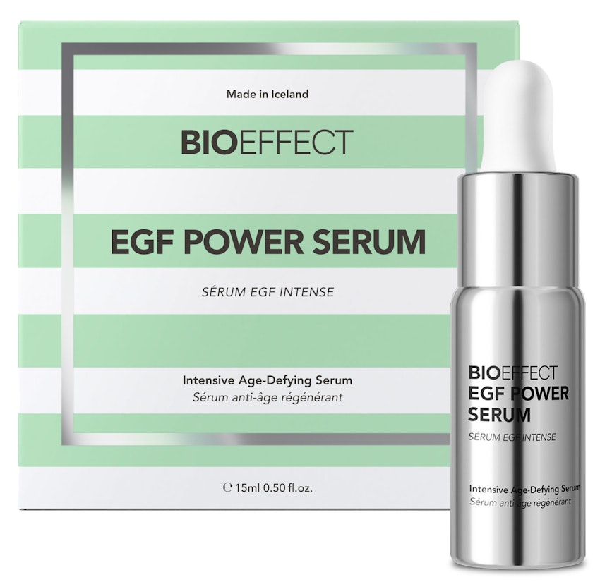 Bioeffect EGF Power Serum skin care in a bottle behind signature packaging