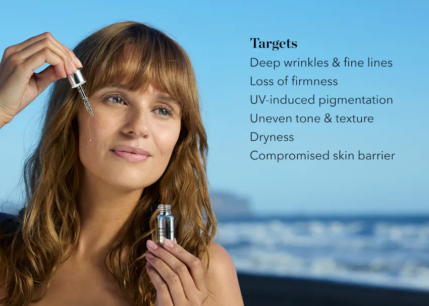 Woman applying BIOEFFECT EGF Power Serum with dropper, targeting deep wrinkles, loss of firmness, uneven skin tone, dryness, and compromised skin barrier