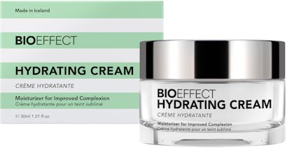 Green-and-white striped package of BIOEFFECT Hydrating Cream with a wide, round bottle to the right of the package.