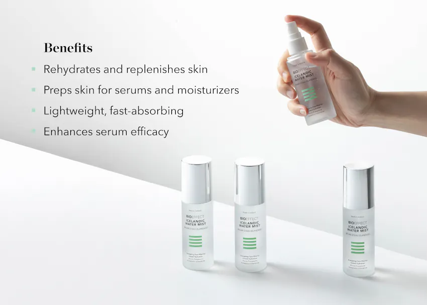 BIOEFFECT Icelandic Water Mist shown in use alongside key benefits, including rehydrating and replenishing skin, preparing skin for serums and moisturizers, and enhancing serum performance.