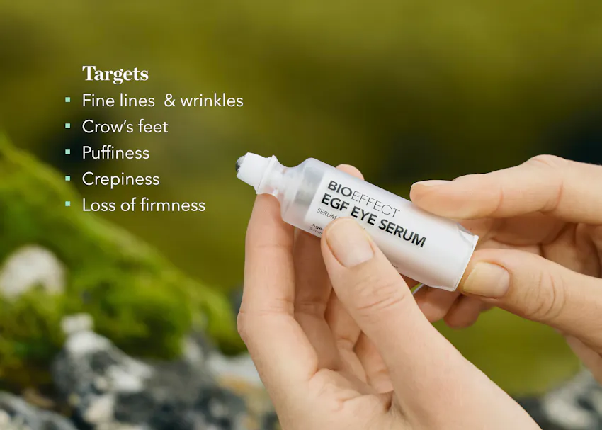 BIOEFFECT EGF Eye Serum with cooling metal roller applicator and packaging for targeted application around the eyes
