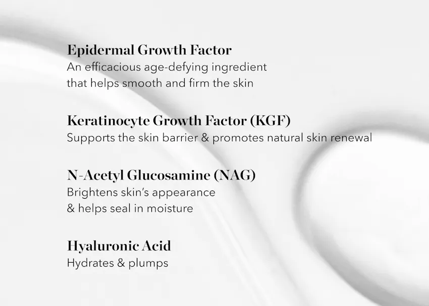Key ingredients in BIOEFFECT EGF Power Serum including epidermal growth factor, keratinocyte growth factor, N-acetyl glucosamine, and hyaluronic acid