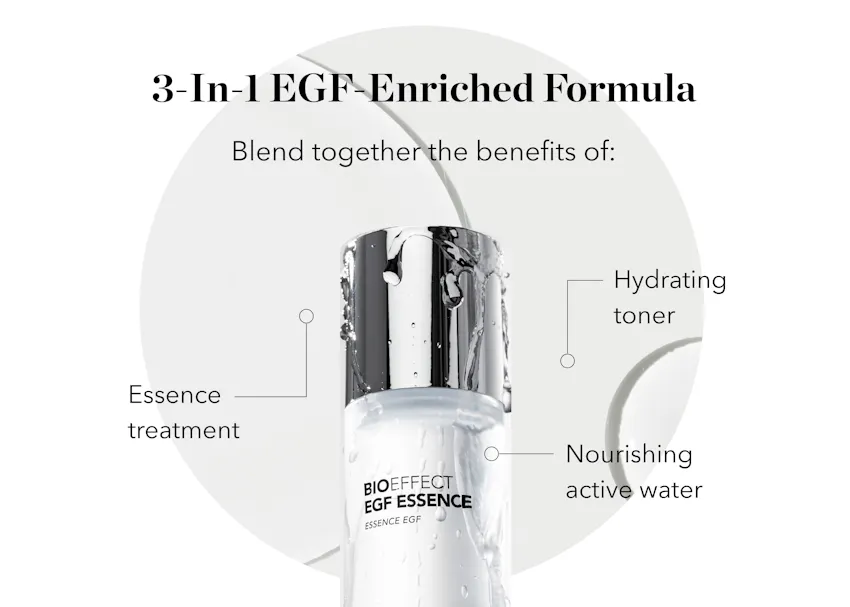 BIOEFFECT EGF Essence showcasing its 3-in-1 EGF-enriched formula that combines the benefits of an essence treatment, hydrating toner, and nourishing active water.