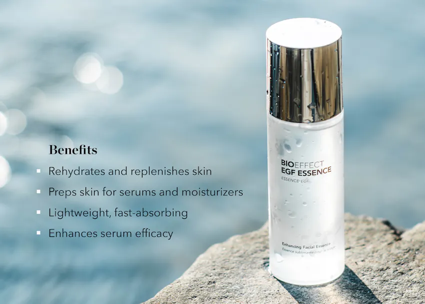 BIOEFFECT EGF Essence displayed beside water, highlighting benefits including rehydrating and replenishing skin, preparing skin for serums and moisturizers, lightweight absorption, and enhanced serum efficacy.