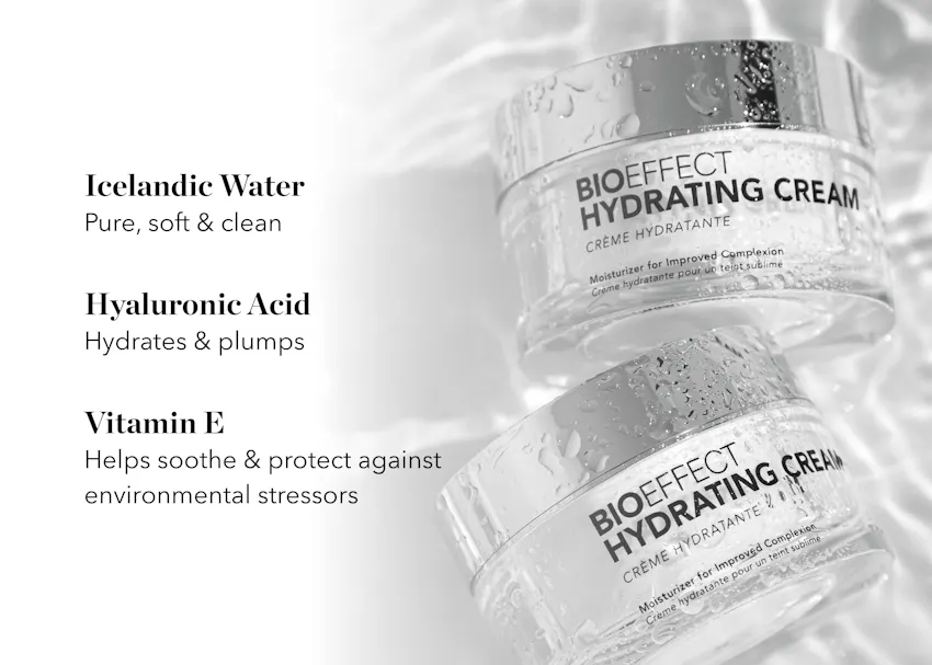 BIOEFFECT Hydrating Cream displayed with water droplets, highlighting Icelandic water, hyaluronic acid, and vitamin E to help hydrate, plump, and protect the skin
