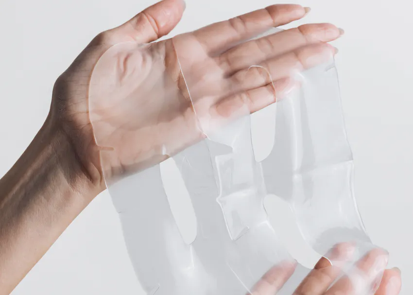 Close-up of BIOEFFECT Imprinting Hydrogel Mask showing the transparent two-piece hydrogel design that conforms comfortably to facial contours for intensive hydration treatment