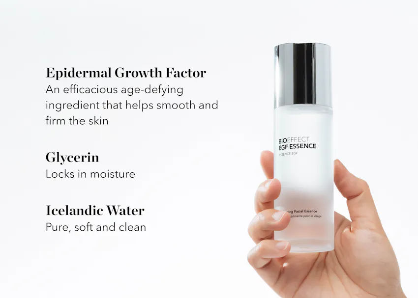 Ingredient overview for BIOEFFECT EGF Essence featuring Epidermal Growth Factor (EGF), glycerin, and pure Icelandic water to support hydration, smoother-looking skin, and moisture retention.