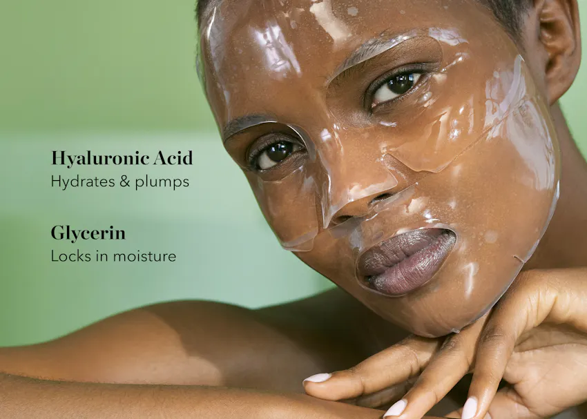 Model wearing BIOEFFECT Imprinting Hydrogel Mask with highlighted benefits of Hyaluronic Acid, that hydrates and plumps, and Glycerin, that locks in the moisture