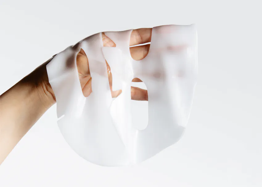 Close-up of BIOEFFECT Recovery Hydrogel Mask showing the transparent two-piece hydrogel design..
