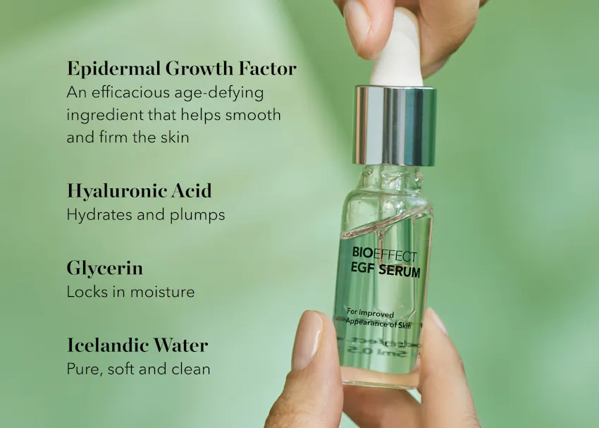 BIOEFFECT EGF Serum bottle on green background highlighting key ingredients including epidermal growth factor, hyaluronic acid, glycerin, and Icelandic water