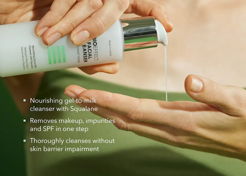 Close-up of BIOEFFECT Facial Cleanser’s gel-to-milk texture dispensing from the pump, highlighting its formulation with pure Icelandic water and gentle cleansing properties.