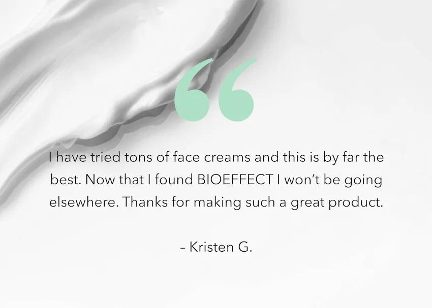 Customer testimonial for BIOEFFECT Hydrating Cream praising its moisturizing performance and expressing long-term satisfaction with the product