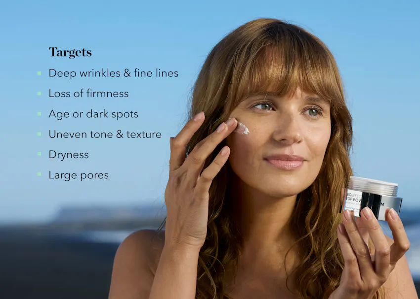 Woman applying BIOEFFECT EGF Power Cream with targeted concerns including deep wrinkles, fine lines, loss of firmness, age spots, uneven texture, dryness, and enlarged pores