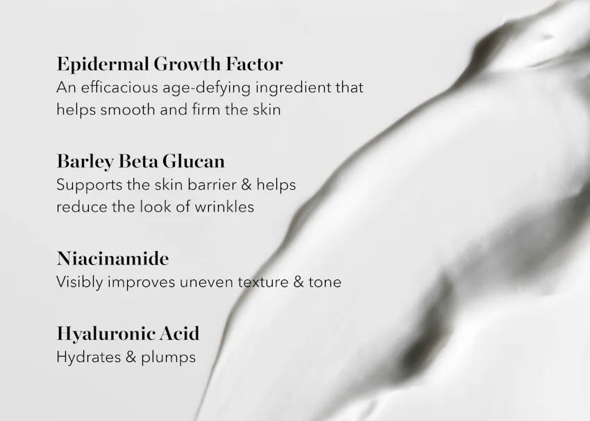 Key ingredients in BIOEFFECT EGF Power Cream including epidermal growth factor, barley beta glucan, niacinamide, and hyaluronic acid to support firmer, smoother, and more hydrated skin