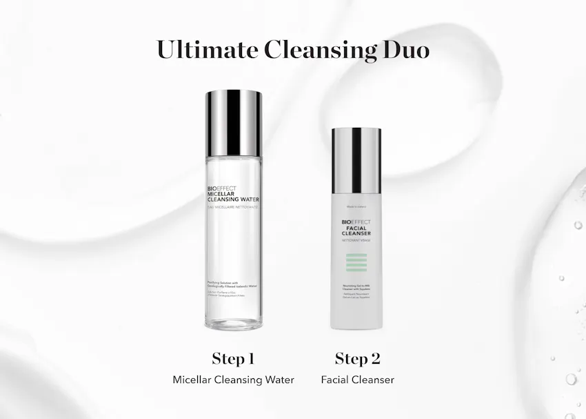 BIOEFFECT Ultimate Cleansing Duo featuring Micellar Cleansing Water and Facial Cleanser, illustrating a two-step cleansing routine to remove makeup, impurities, and excess oil while supporting healthy-looking skin.