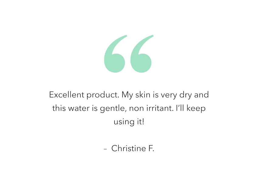 Customer testimonial for BIOEFFECT Micellar Cleansing Water describing the product as gentle, non-irritating, and suitable for dry skin.
