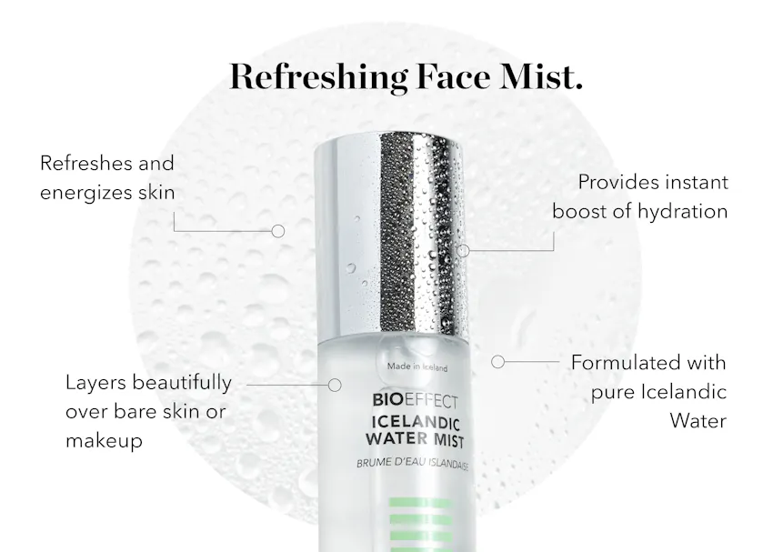 BIOEFFECT Icelandic Water Mist with highlighted benefits, including instant hydration, skin-refreshing properties, makeup-friendly application, and formulation with pure Icelandic water.