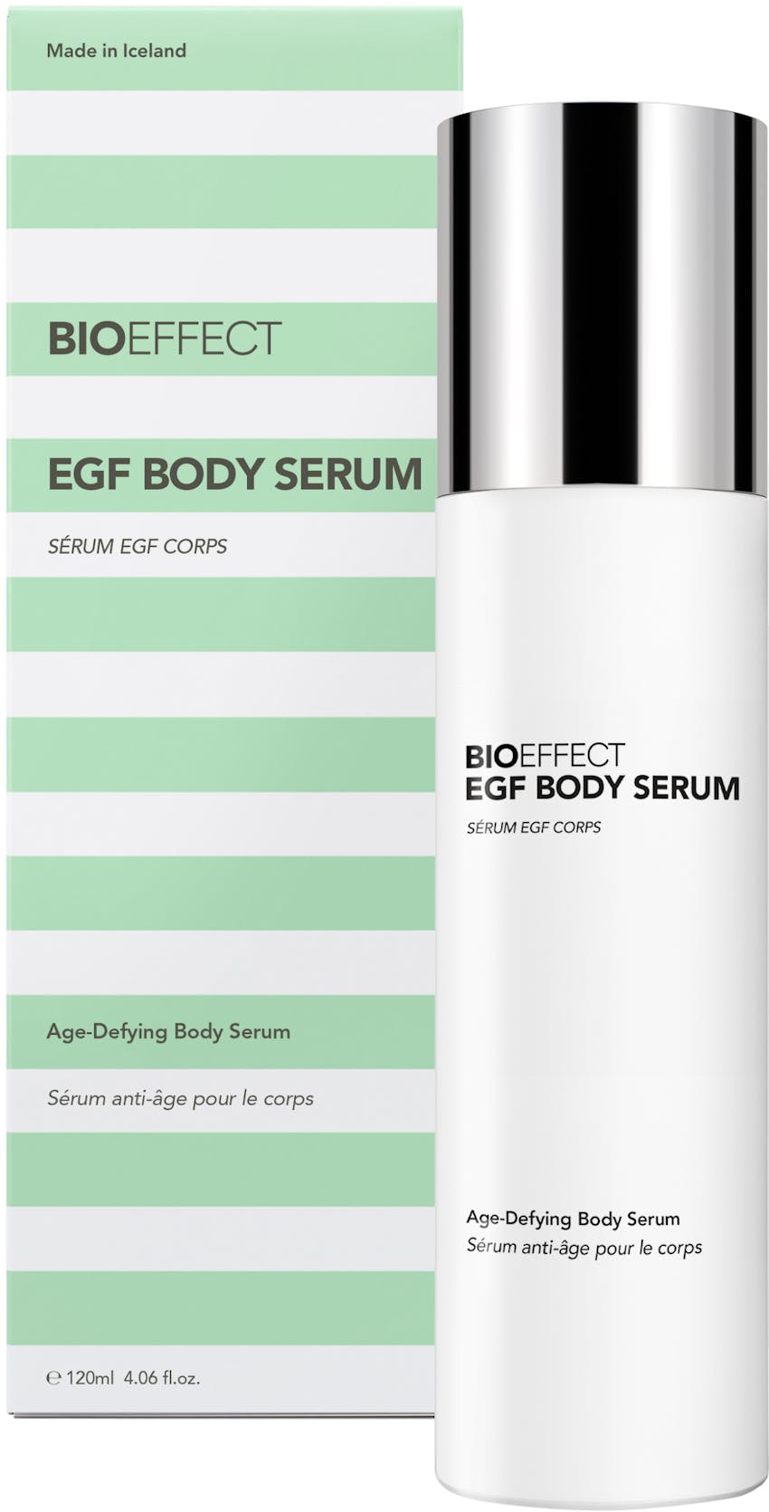 Green-and-white striped, rectangular-shaped package with a bottle of BIOEFFECT Growth Factor Skin Care Anti-Aging Body Serum to the right of the package.