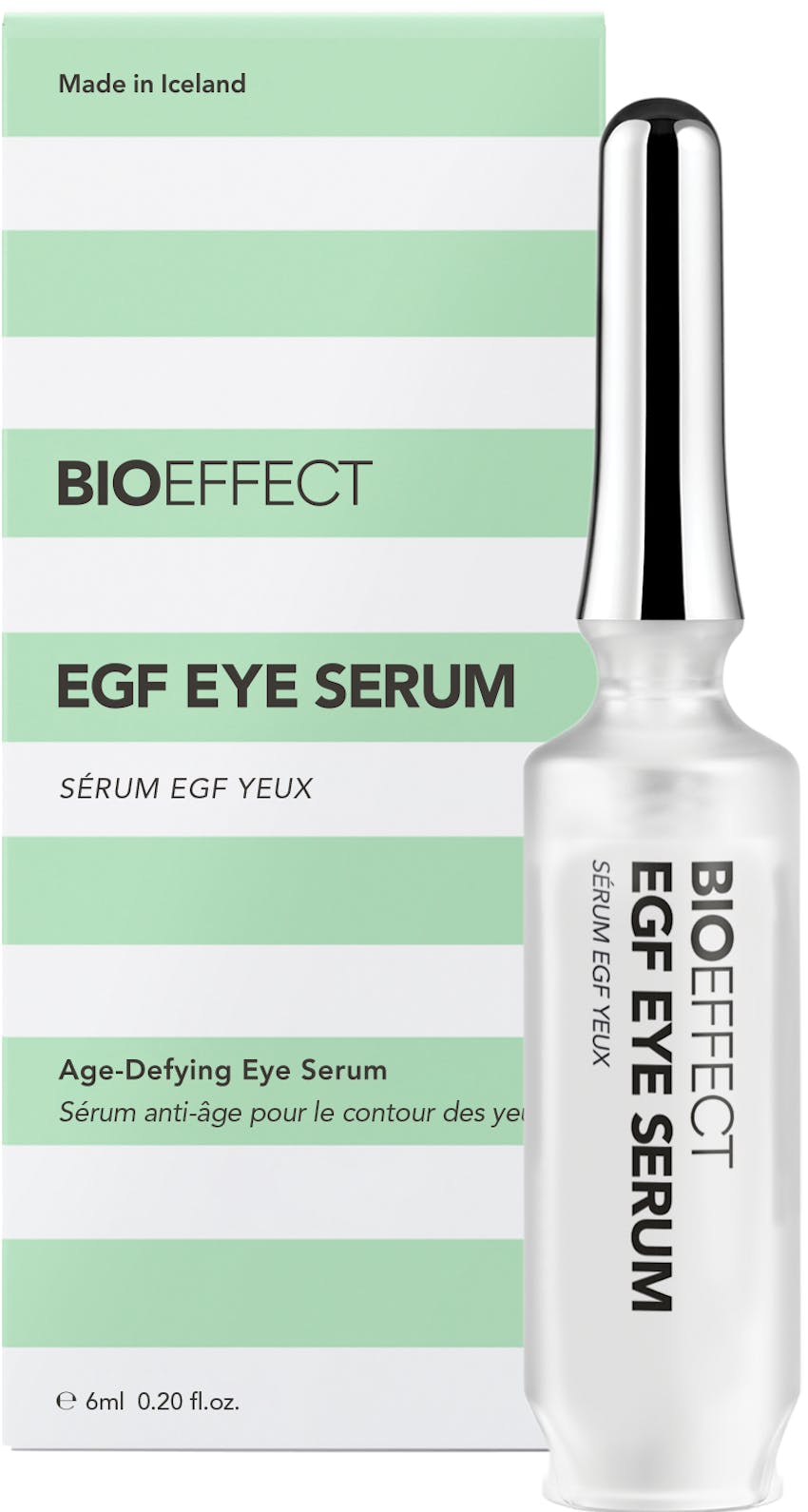 Green-and-white striped, rectangular-shaped package with a bottle of BIOEFFECT EGF Under Eye Skin Care Eye Serum to the right of the package.