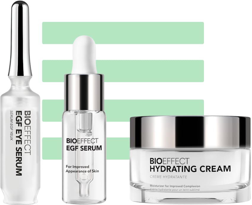 BIOEFFECT Skincare Package: EGF Eye Serum, EGF Serum & Hydrating Cream.