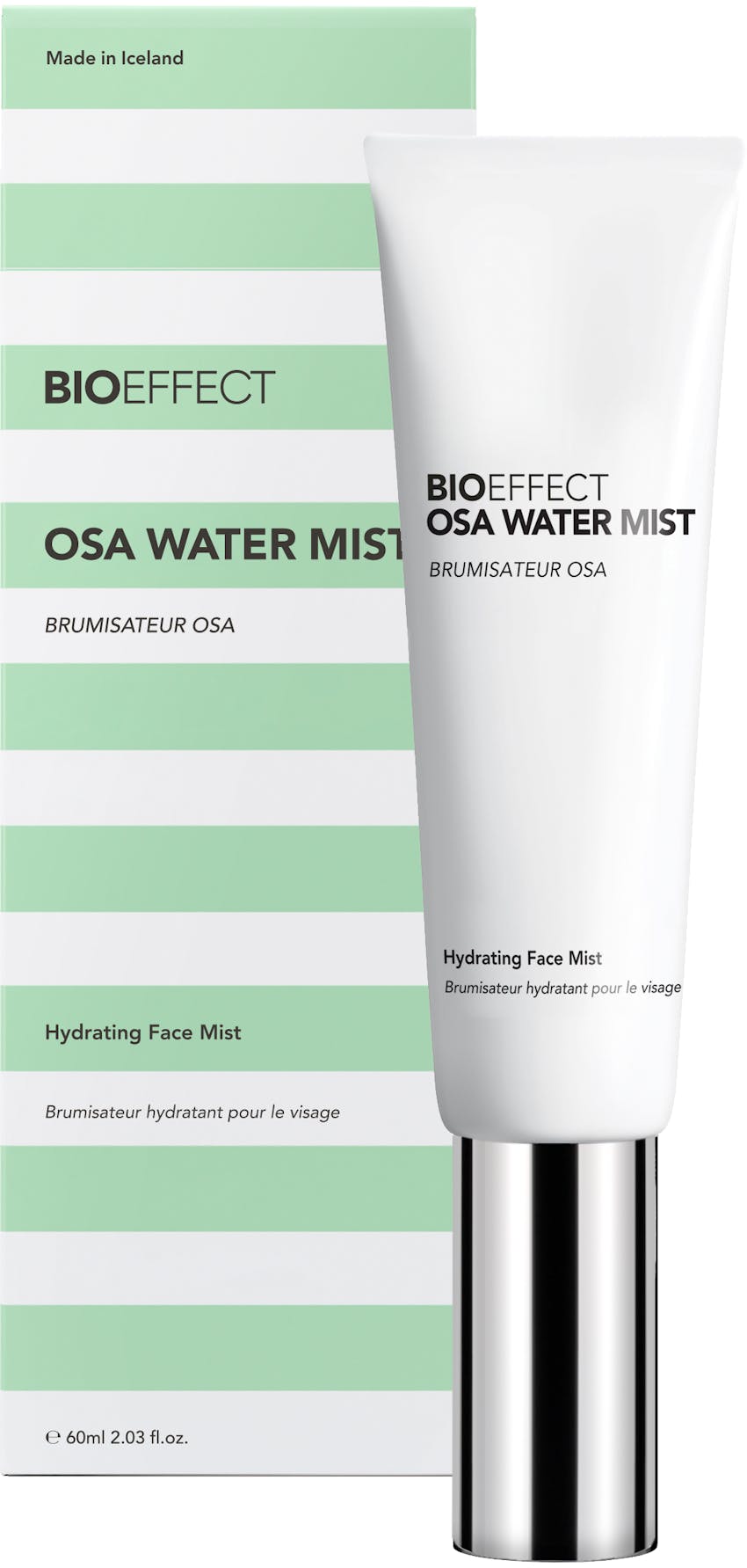 Green-and-white striped package with a small white bottle of BIOEFFECT Growth Factor Skincare OSA Water Mist to the right of the package.