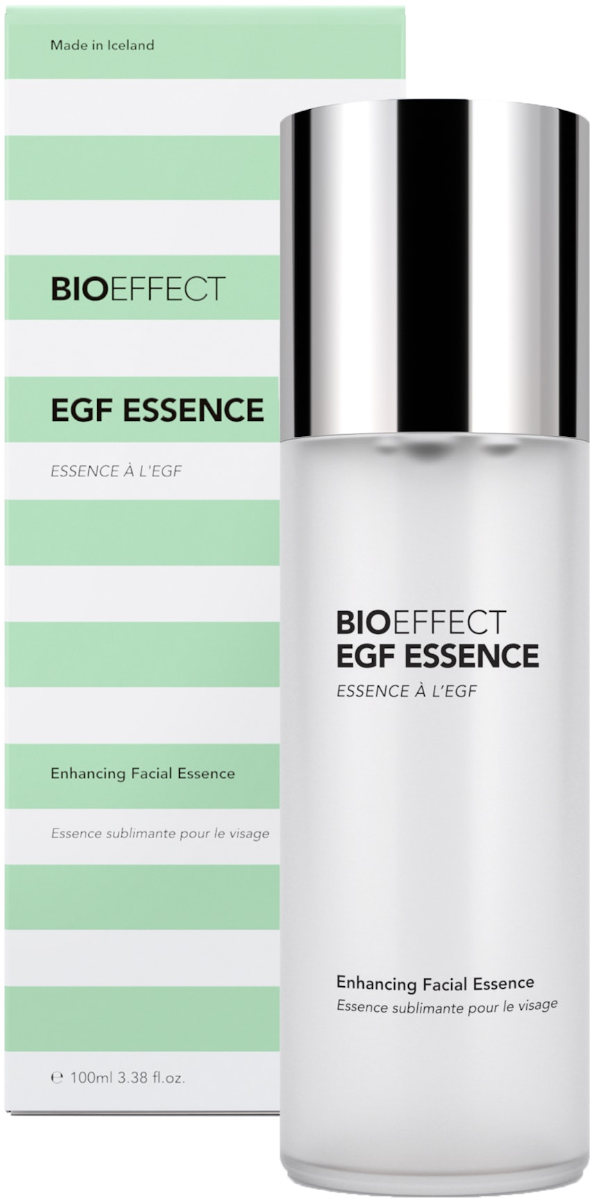 Green-and-white package of BIOEFFECT Pure Skin Care EGF Essence with a clear bottle to the right of the package.