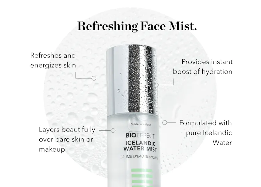 BIOEFFECT Icelandic Water Mist with highlighted benefits, including instant hydration, skin-refreshing properties, makeup-friendly application, and formulation with pure Icelandic water.