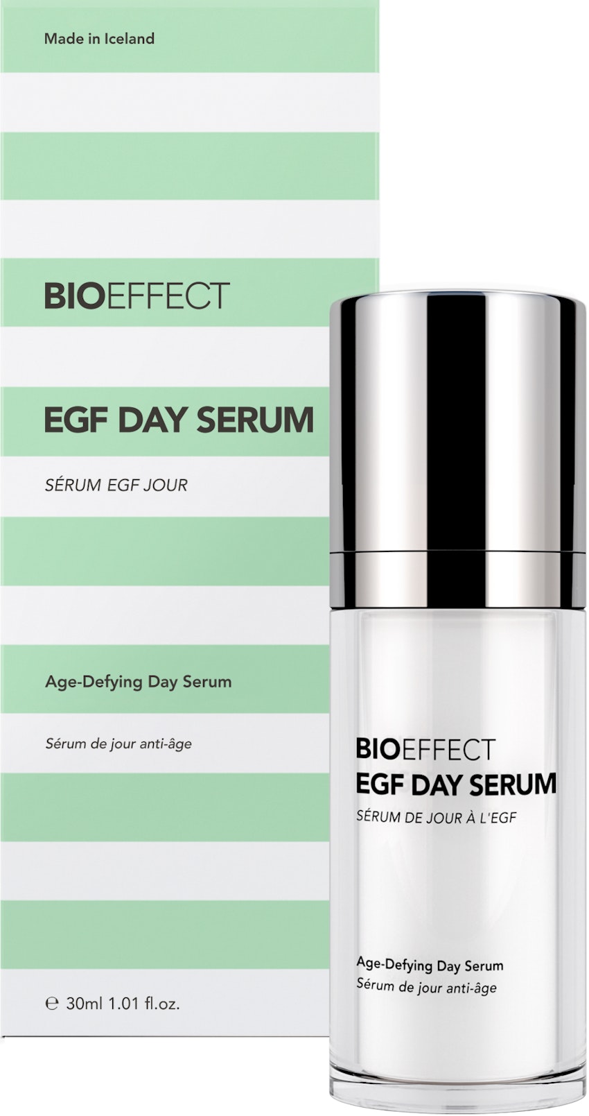 Bioeffect EGF Day Serum skin care in a bottle behind signature packaging