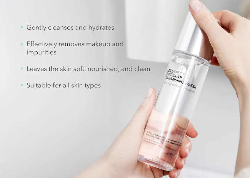 BIOEFFECT Micellar Cleansing Water held in hand alongside key benefits, highlighting gentle cleansing, hydration, makeup removal, and suitability for all skin types.