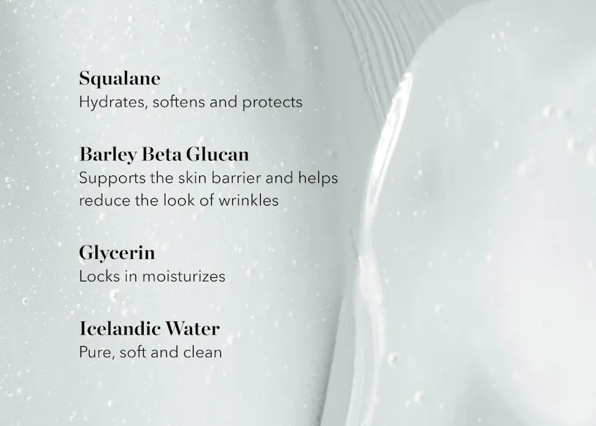 Ingredient overview for BIOEFFECT Facial Cleanser featuring squalane, barley beta glucan, glycerin, and Icelandic water to help hydrate, soften, protect, and support the skin barrier.