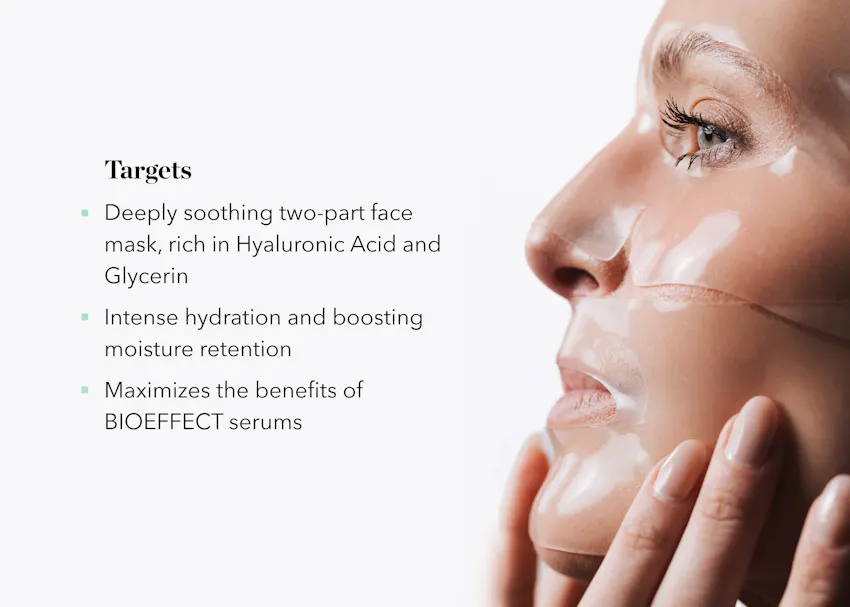 Model wearing BIOEFFECT Imprinting Hydrogel Mask with highlighted benefits including intense hydration, moisture retention, and enhanced performance when paired with BIOEFFECT serums