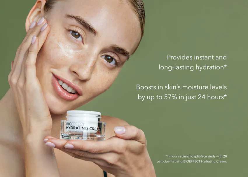 Model holding BIOEFFECT Hydrating Cream with messaging highlighting instant and long-lasting hydration and increased skin moisture levels after use