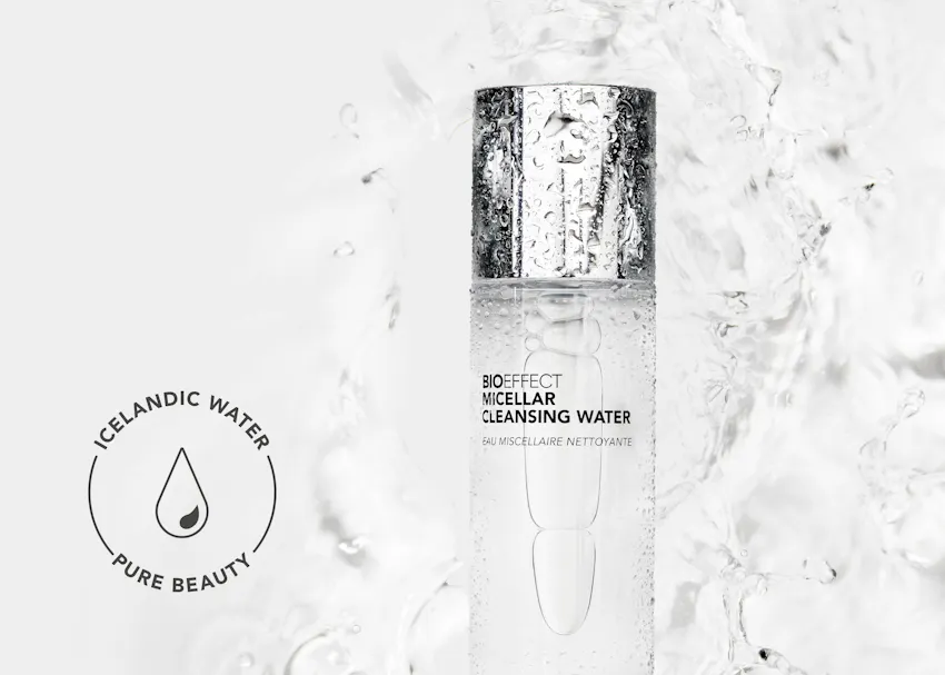 BIOEFFECT Micellar Cleansing Water surrounded by splashing water, emphasizing its formulation with pure Icelandic water and refreshing, gentle cleansing properties.