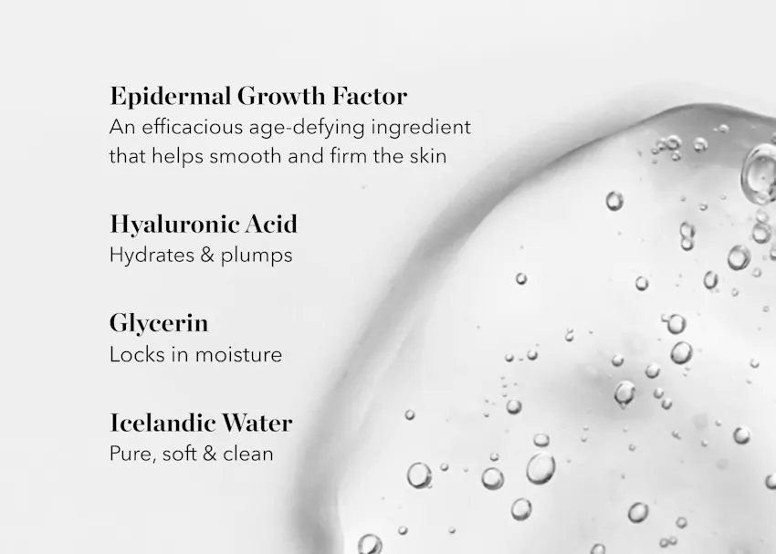 Key ingredients in BIOEFFECT EGF Eye Serum including epidermal growth factor, hyaluronic acid, glycerin, and Icelandic water to hydrate, smooth, and support the delicate eye area