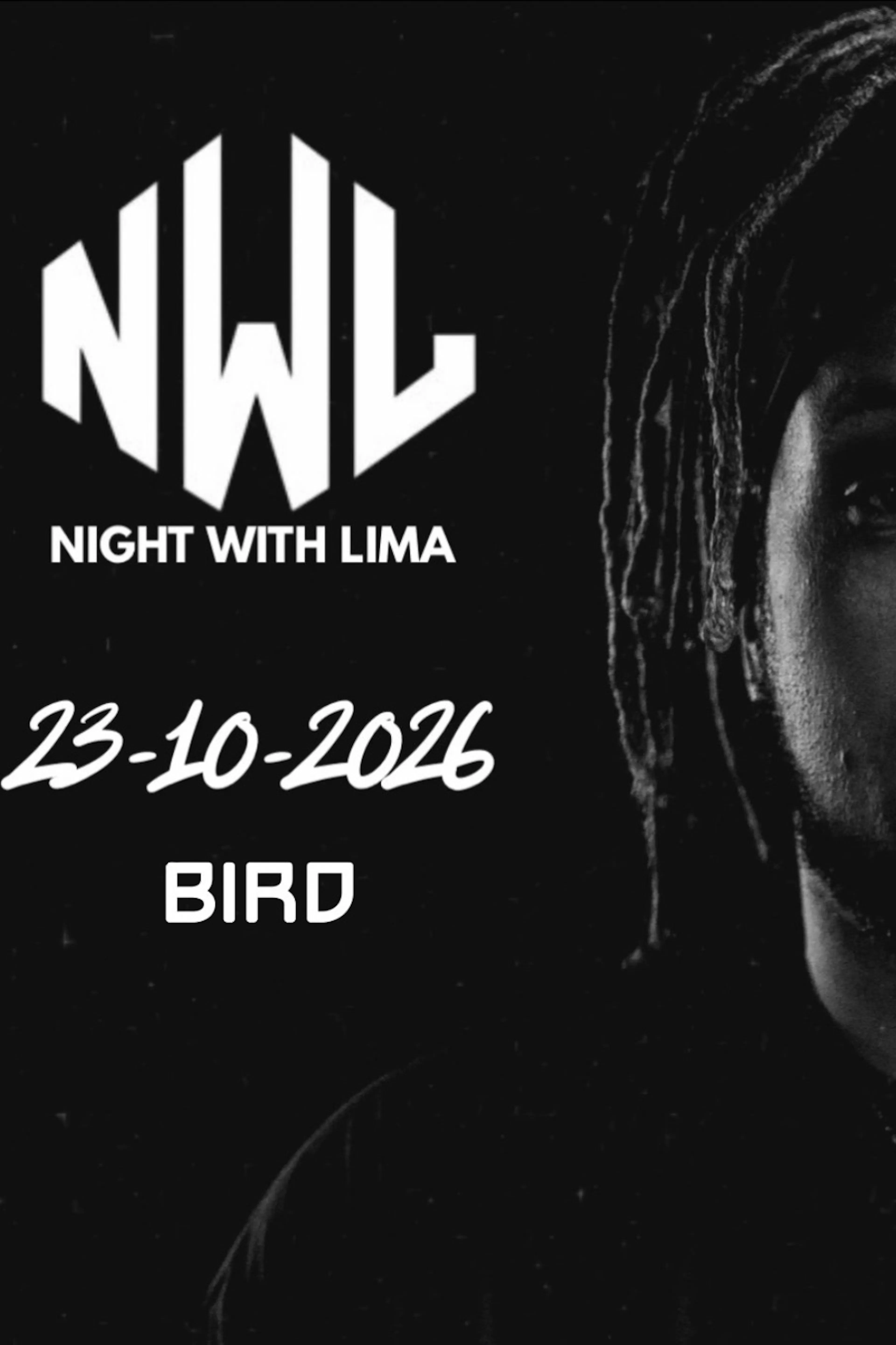 Night with Lima artwork met NWL logo, de datum van het event en het BIRD logo