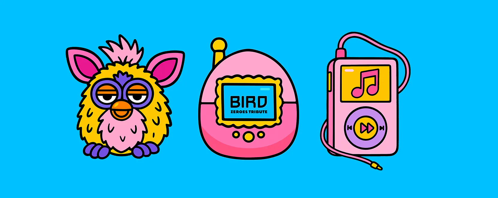 ZEROES TRIBUTE | Illustratie van een Furby, een Tamagotchi en een iPod